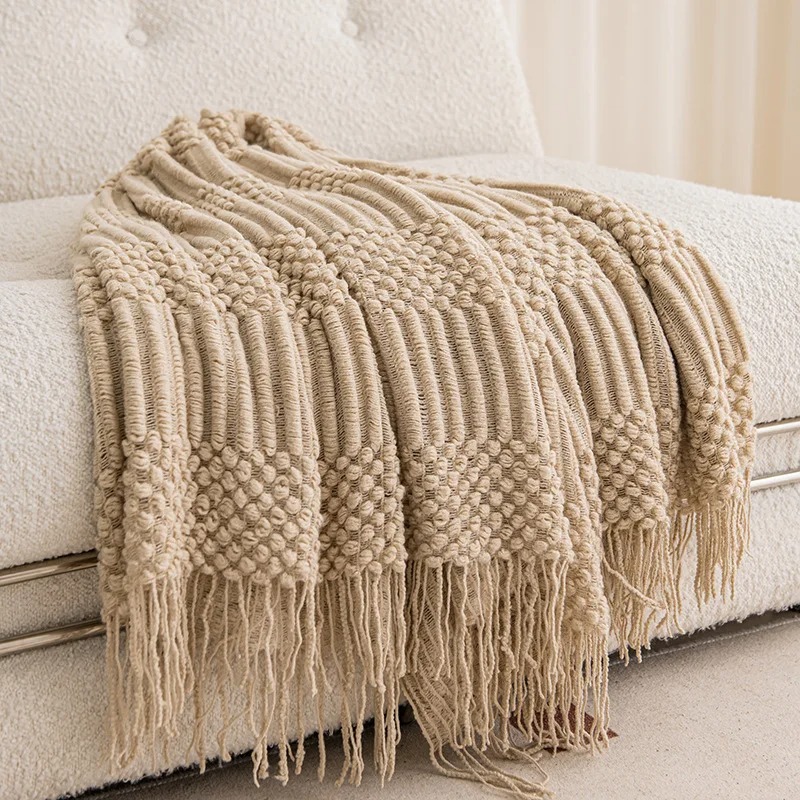 Throw Blanket Chunky Knit - Manta de punto color caqui con