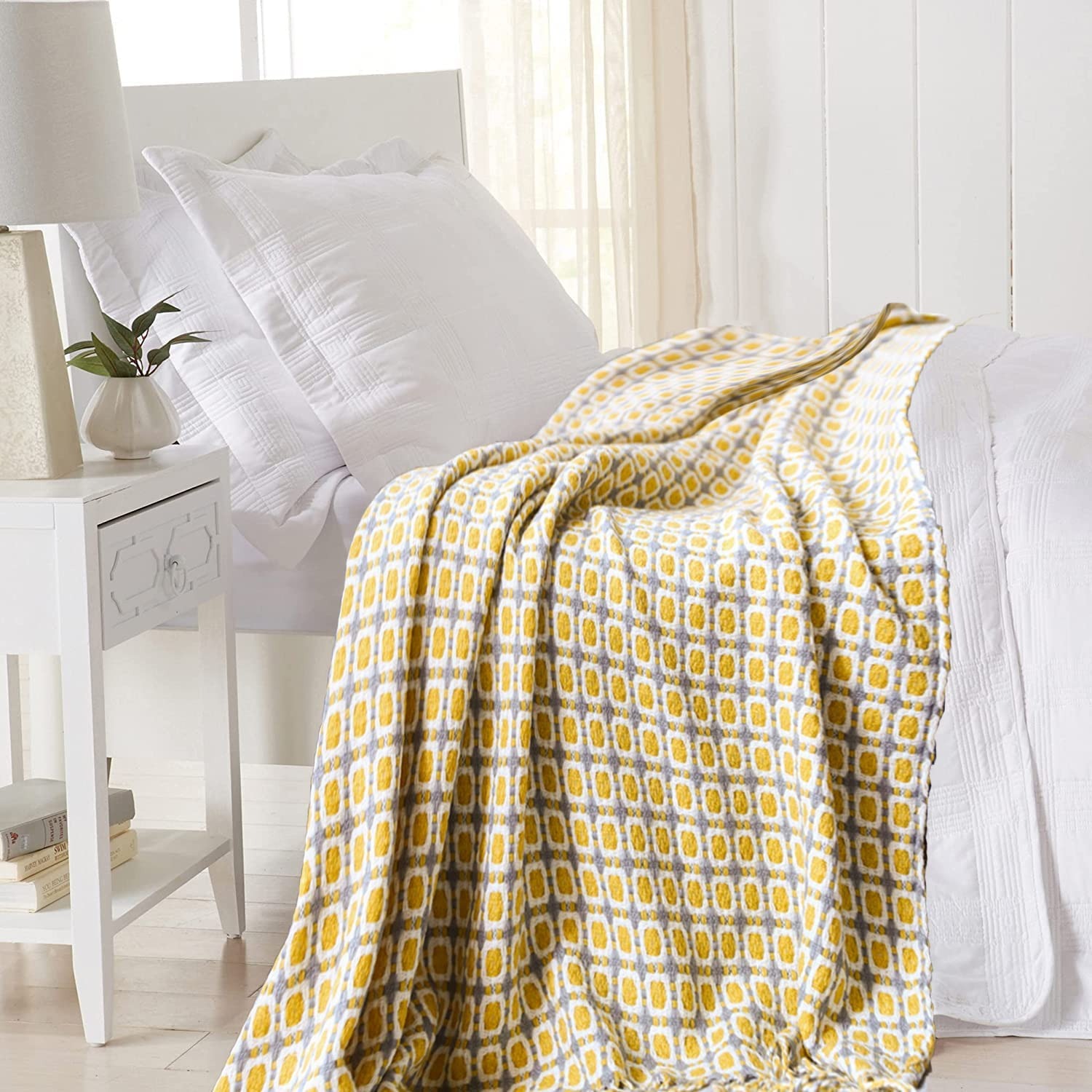 Throw Blanket Chunky Knit - Manta de punto nórdica amarilla mostaza,