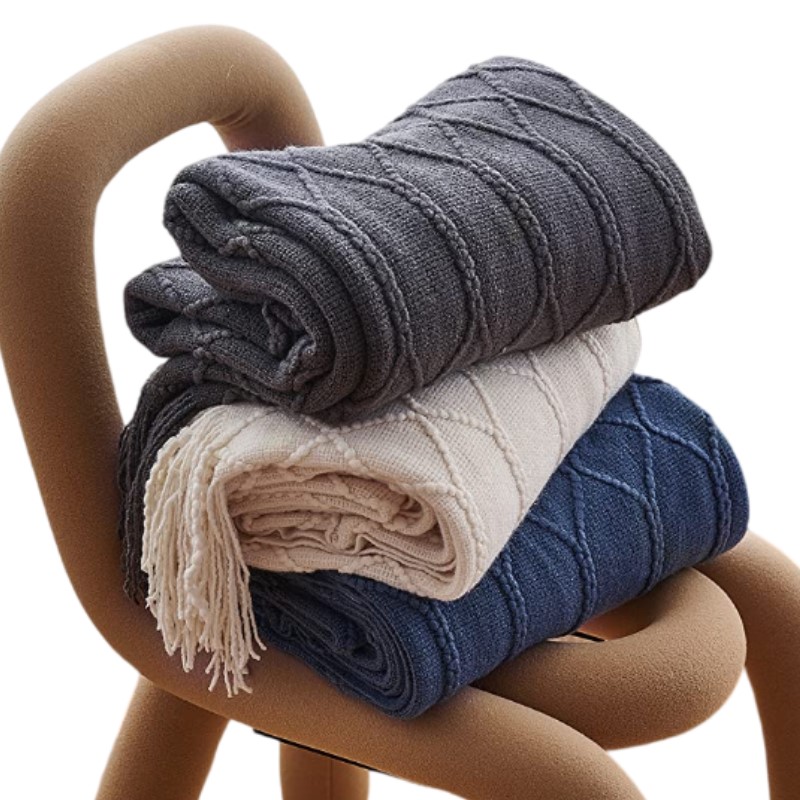 Throw Blanket Chunky Knit - Manta Tejida Vintage Color Caqui, Gris